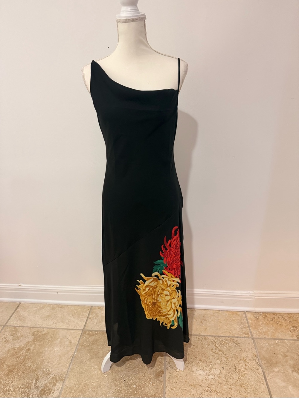 Banana Republic Black One-Shoulder Slip Dress with Red & Yellow Floral Accents